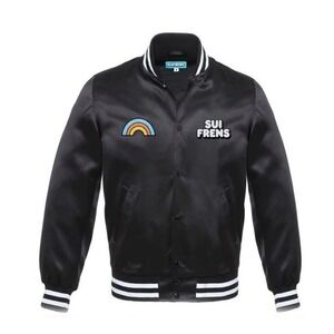 NWOT SuiFrends Black satin bomber jacket Men's Large‎